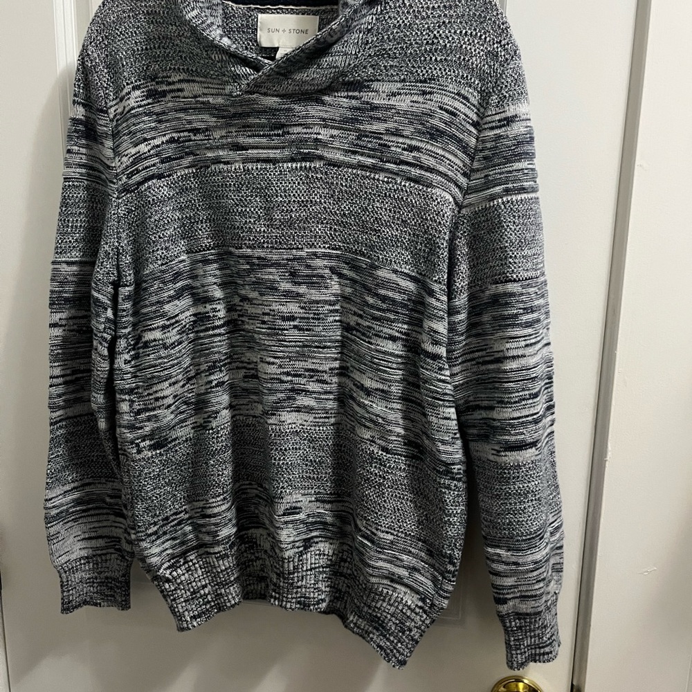 Sun + Stone men's shawl collar variegated cotton sweater